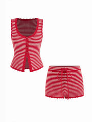 Knit Striped Scallop Trim Tank Top & Mid Rise Drawstring Straight Leg Shorts Set