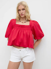 Cotton-blend Shirred Knotted Puff Sleeve Oversized Blouse