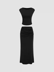 Solid Tank Top & Ruched Maxi Skirt