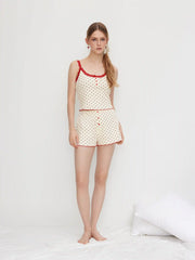 Cotton-blend U-neckline Polka Dot Lace Trim Cami Top & Mid Rise Shorts Loungewear Set