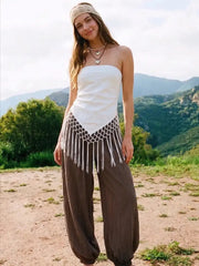 Cotton-blend Fringe Hem Asymmetrical Wrap Top