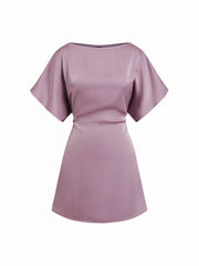 Satin Boat Neck Batwing Sleeve Oversized Mini Dress