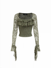Lace Square Neck Ruffle Sleeve Crop Top