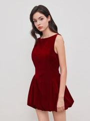Velvet Boat Neck Ruffle Bubble Hem Mini Dress