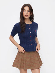 Wool-look Houndstooth Mid Rise Pleated Mini Skirt