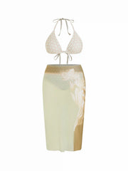 Halter Neckline Geometric Floral Triangle Bikini Set With Sheer Skirt Curve & Plus