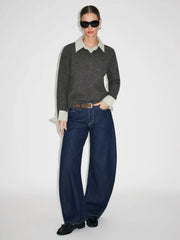 Knit Collar Check Two Tone Button Top