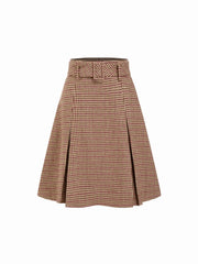 Tweed Mid Rise Houndstooth Midi Skirt With Belt