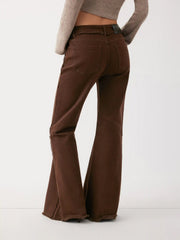 Stretch Washed Denim Low Rise Raw Hem Flared Jeans