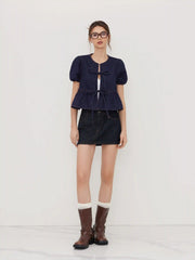 Denim Tie Front Bow Puff Sleeve Oversized Blouse