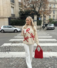 Knit Jacquard Bowknot Contrast Trim Oversized Sweater