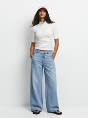 Stand Collar Lettuce Trim Ruched Mid-length Sleeve Tee