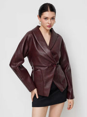 Faux Leather Collar Button Elastic Waist Jacket
