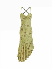 Mesh Floral Sweetheart Asymmetrical Hem Mermaid Maxi Dress