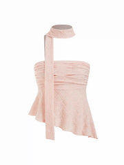 Lace Strapless Asymmetrical Hem Ruched Top With Scarf
