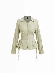 Cotton-blend Striped Collar Long Sleeve Lace Up Cinched Waist Shirt