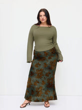 Boat Neck Long Sleeve Top & Mid Rise Floral Ruched Maxi Skirt Set Curve & Plus