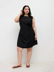 Linen-blend Boat Neck Ruched Knotted Backless Mini Dress Curve & Plus