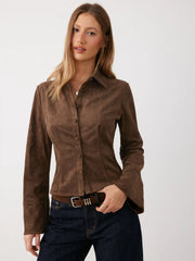 Suede Collar Pleated Bell Sleeve Blouse