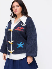 Knit Wool-blend V-neck Sea Animal Toggle Button Oversized Cardigan Curve & Plus