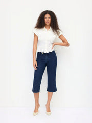 Stretch Denim Washed Mid Rise Metal Detail Flared Capri Jeans