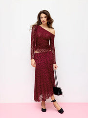 Mesh Flocking Heart Asymmetrical A-line Maxi Skirt