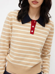 Knit Polo Collar Stripe Contrast Binding Long Sleeve Top
