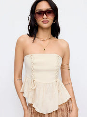 Cotton-blend Strapless Ruched Lace-up Peplum Crop Top