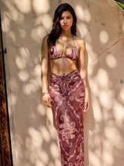 Halter Neckline Paisley Triangle Low Rise Bikini Set With Sarong