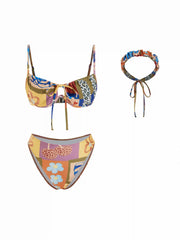 Sweetheart Neck Aztec Print Underwire & Cheeky 3 Piece Bikini Set With Ruched Headband