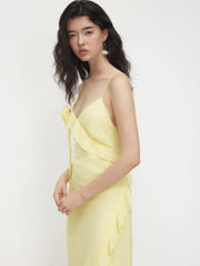 Rosette Ruffle Hem V-neck Backless Maxi Dress