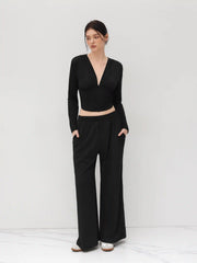 V-neck Solid Ruched Long Sleeve Crop Top & Mid Rise Solid Wide Leg Trousers Set