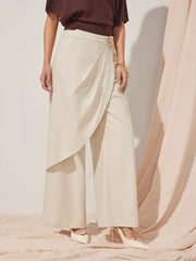 Linen-blend Mid Rise Asymmetrical Metal Detail Wide Leg Trousers