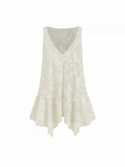 Jacquard V-neck Floral Lace Panel Ruffled Oversized Blouse