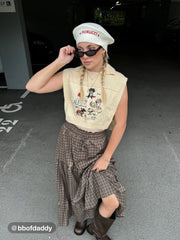 Elastic Waist Check Knotted Tiered Maxi Skirt