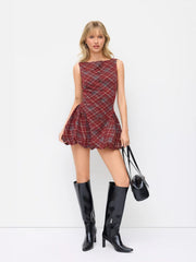 Wool-look Boat Neck Tartan Plaid Bubble Hem Mini Dress