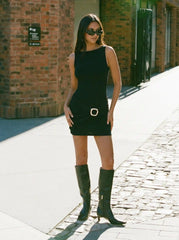 Boat Neck Ruched Metal Detail Mini Dress