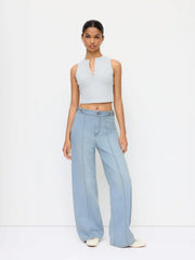 Denim High Rise Wide Leg Metal Detail Jeans