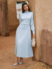 Satin Stand Collar Lantern Sleeve Bowknot Flared Maxi Dress