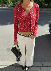 Two-piece Jacquard Floral Round Neck Cardigan & Floral Cami Top