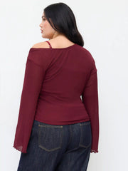 Asymmetrical Neck Ruched Lettuce Trim Tee Curve & Plus
