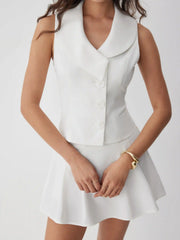 Linen-blend Shawl Collar Vest & Mid Rise Pleated Mini Skirt Set