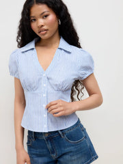 Cotton-blend V-neck Stripe Tie Back Shirt