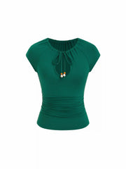 Raglan Sleeve Drawstring Scoop Neck Metallic Decor Tee