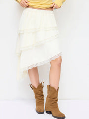 Mid Rise Lace Trim Layered Asymmetrical Hem Midi Skirt