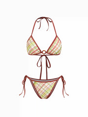High Stretch Halter Neck O-Ring Checks Triangle Bikini Set