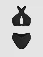 V-neck Solid Criss Cross Bracelet Cheeky Bikini Swimsuit