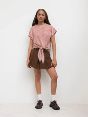 Round Neckline Striped Knotted Short Sleeve Tee