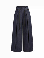 Denim Low Rise Pleated Wide Leg Jeans With Rope Belt