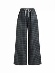 Cotton-blend Plaid Drawstring Wide Leg Trousers